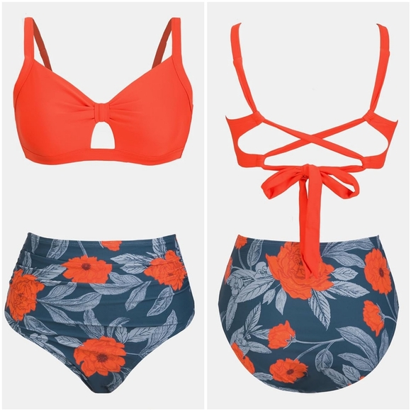 NWT Cupshe Orange Blue Floral Two Piece Bikini Swimsuit High Waist Bathing M - Picture 7 of 11